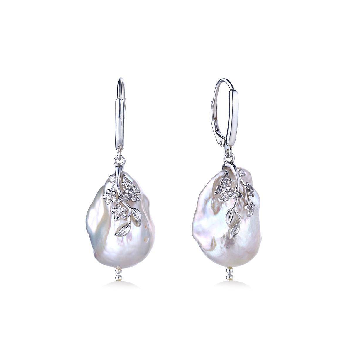 Flower White Freshwater Baroque Pearl Earrings Sterling Silver
