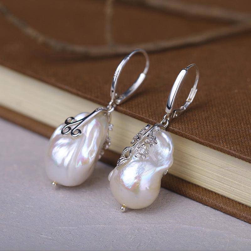 Flower White Freshwater Baroque Pearl Earrings Sterling Silver