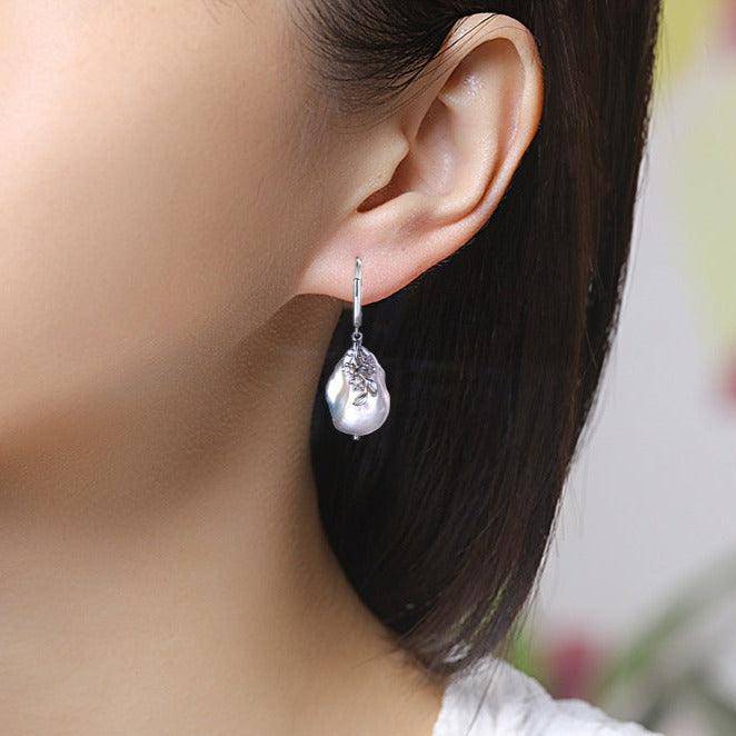 Flower White Freshwater Baroque Pearl Earrings Sterling Silver