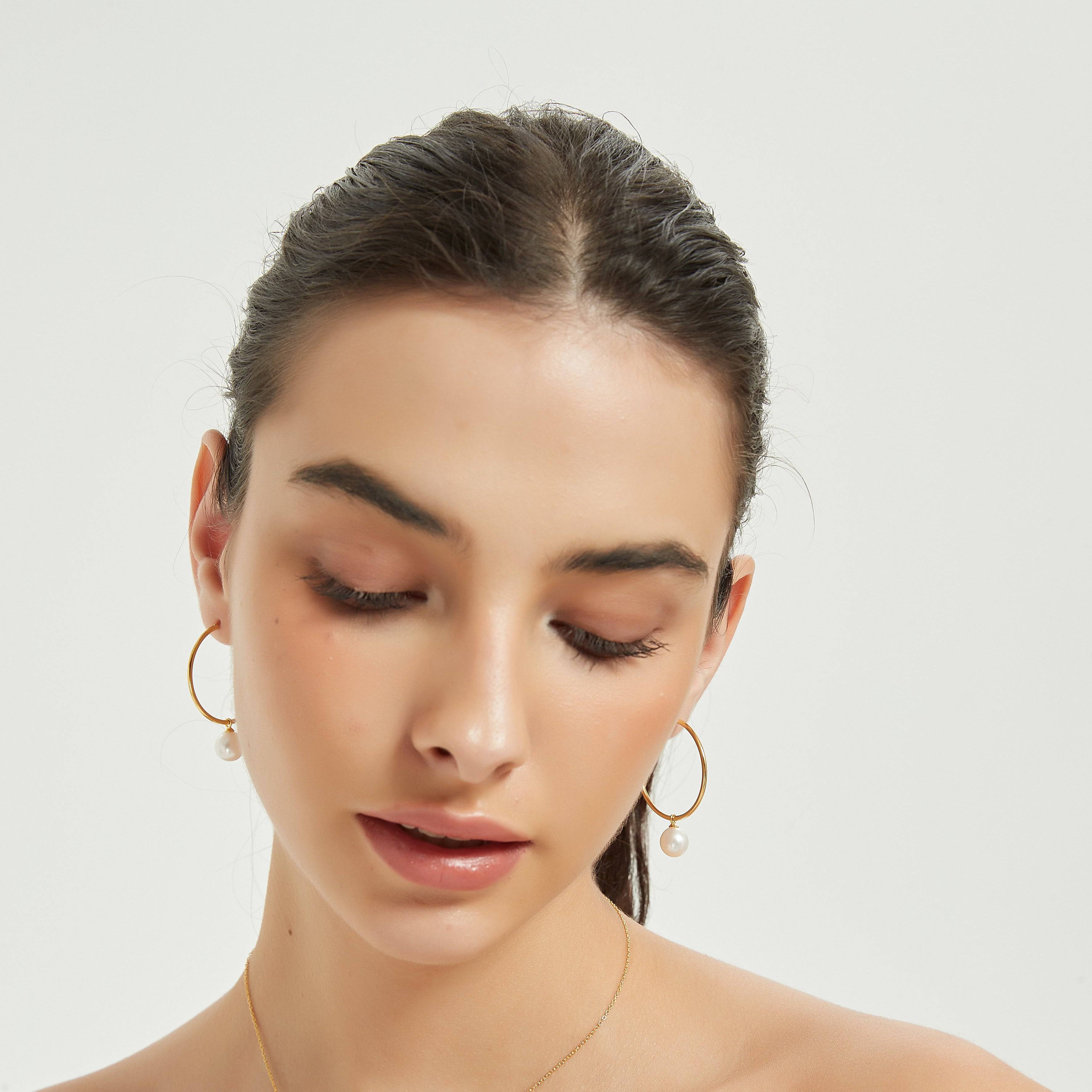 Freshwater Pearl Drop Large Hoop Dangling Earrings