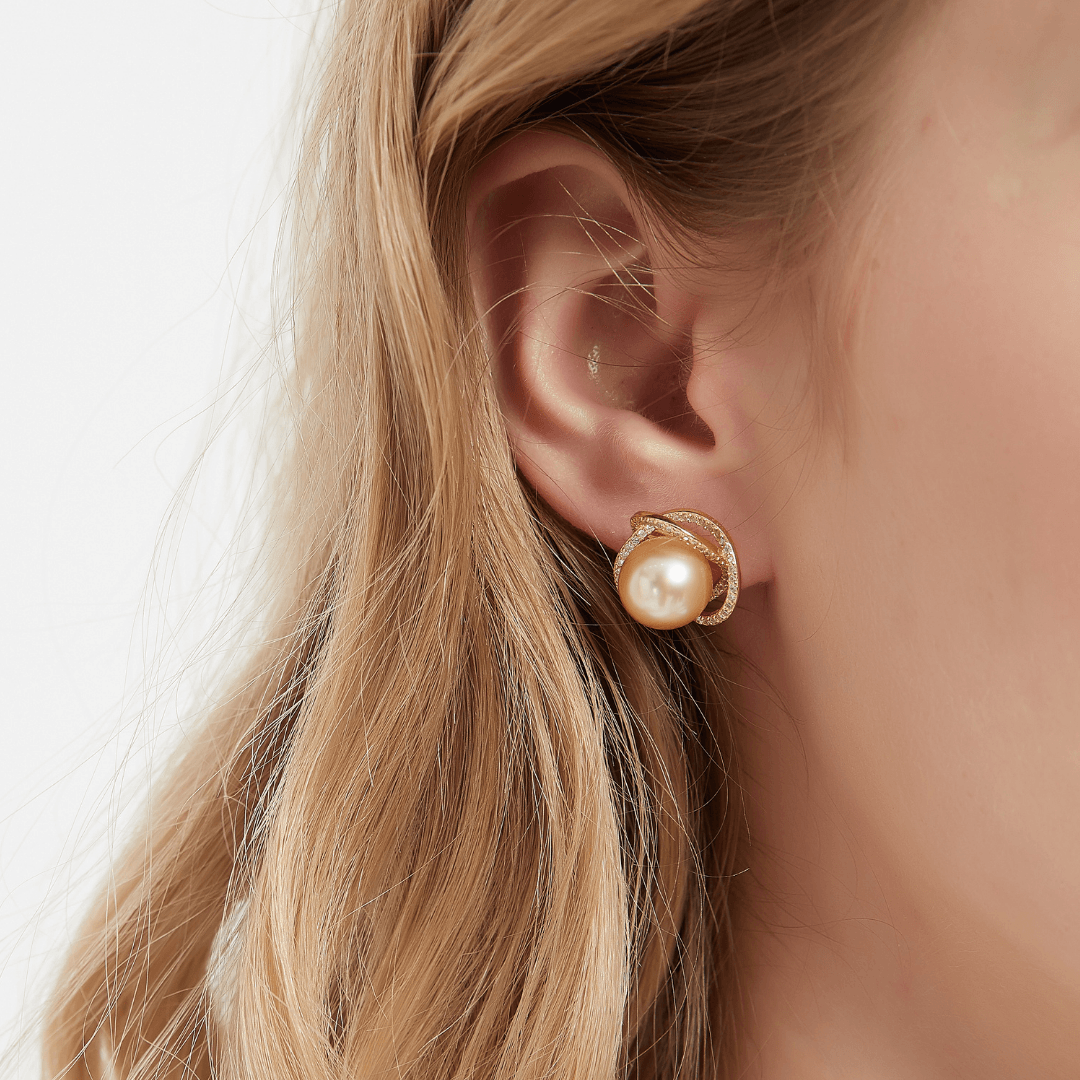 Golden South Sea Pearl & CZ Rose Earrings