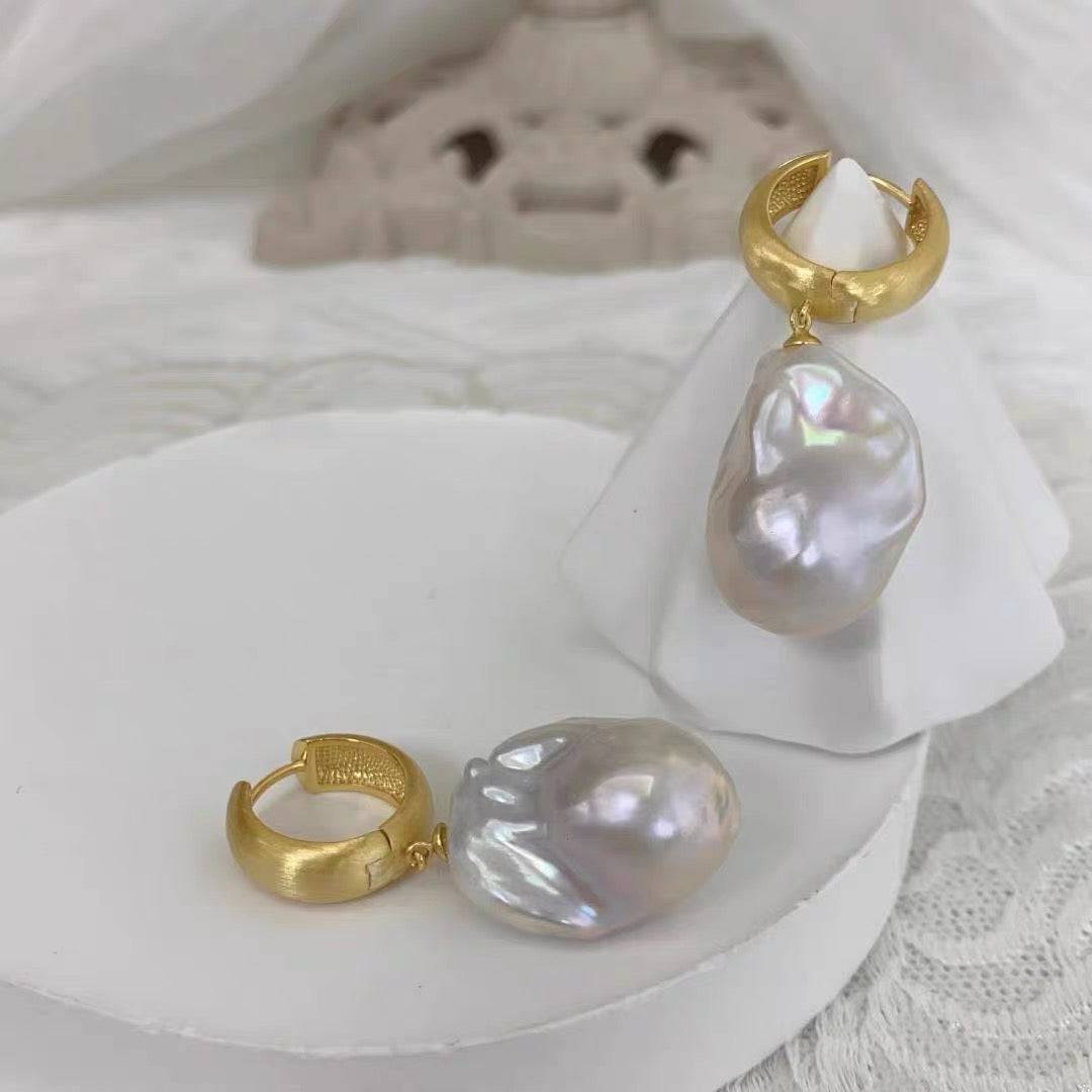 Large Baroque Pearl Hoop Earrings Matte Gold Finish