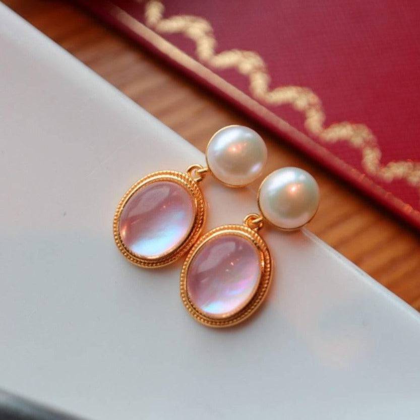 Pink Natural Crystal Mother of Pearls Earrings Gold Vermeil