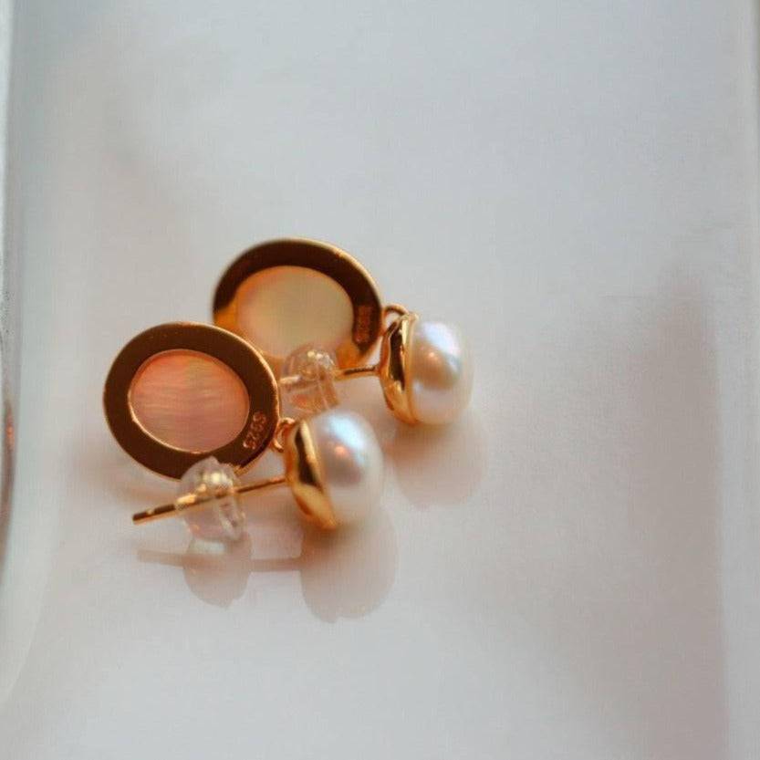 Pink Natural Crystal Mother of Pearls Earrings Gold Vermeil