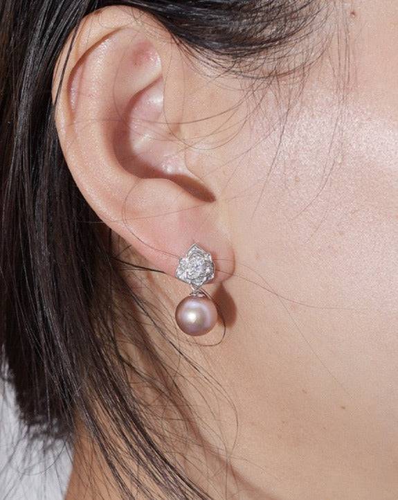 9-10mm Purple Freshwater Pearl & Floral Earrings