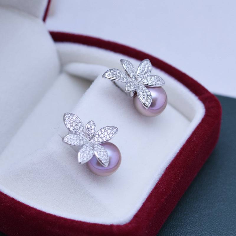 9-10mm Purple Freshwater Pearl & Floral Stud Earrings