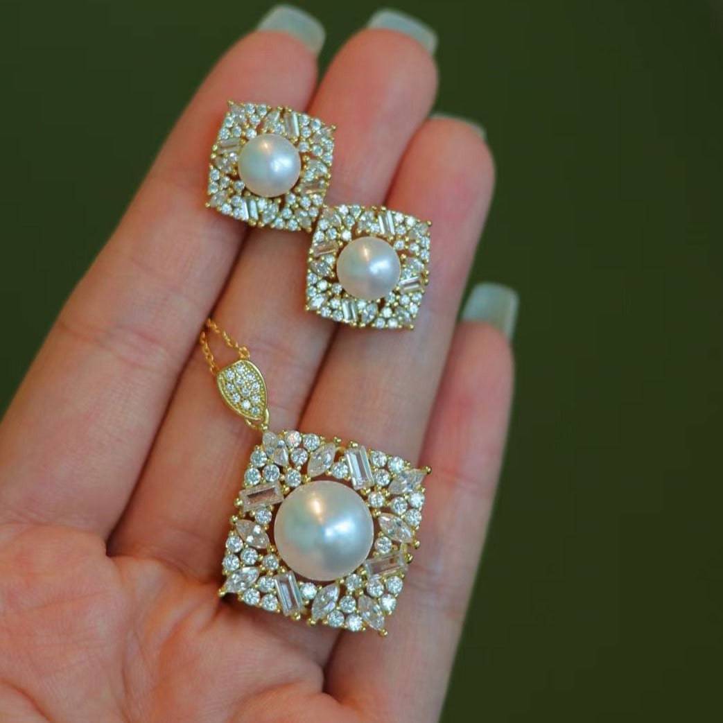 Square Pendant CZ White Freshwater Pearl Earrings Gold Vermeil