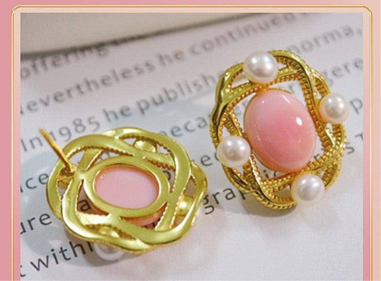 Square Pink Queen Conch Shell Pearls Earrings Gold Vermeil