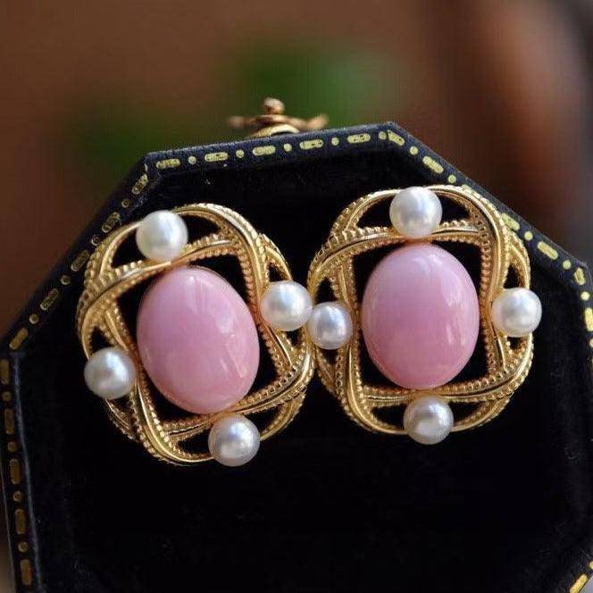 Square Pink Queen Conch Shell Pearls Earrings Gold Vermeil