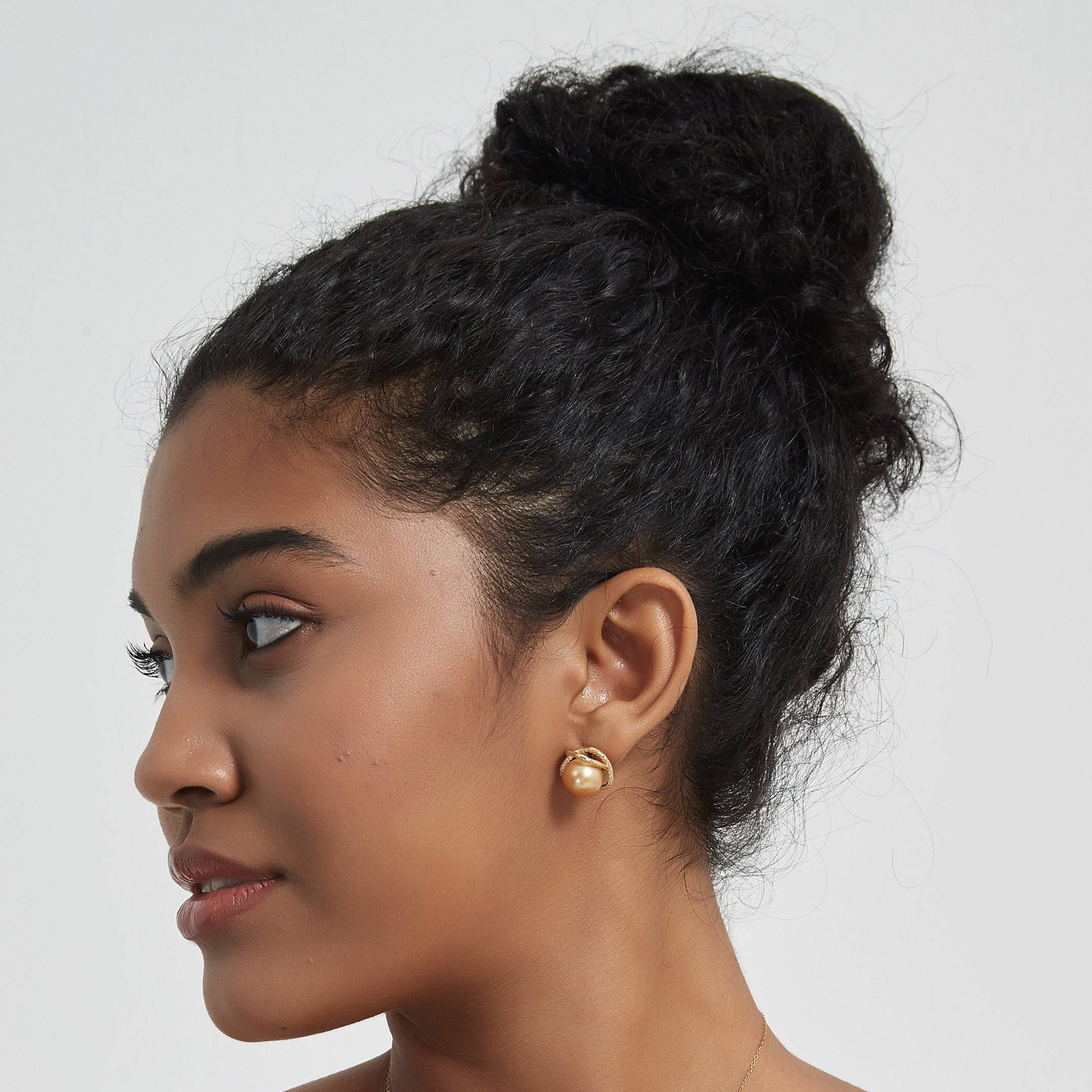 Golden South Sea Pearl & CZ Rose Earrings