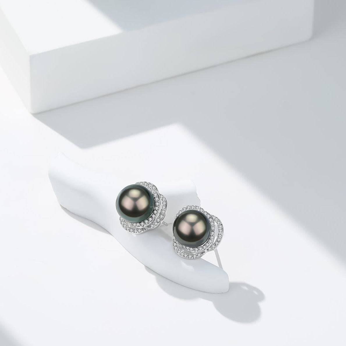 Tahitian South Sea Pearl 9-10mm & CZ Rose Earrings Sterling Silver