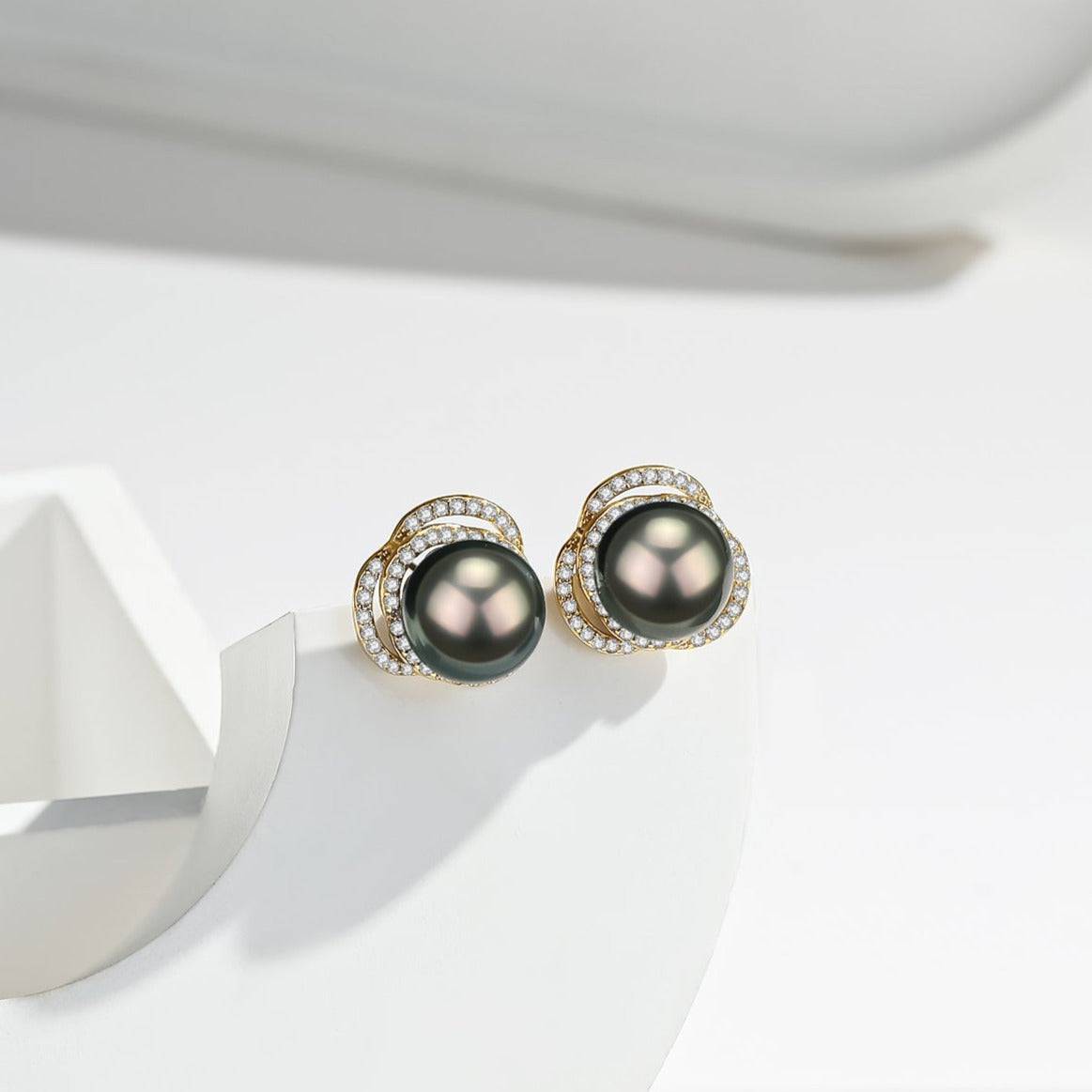 Tahitian South Sea Pearl 9-10mm & CZ Rose Earrings Sterling Silver