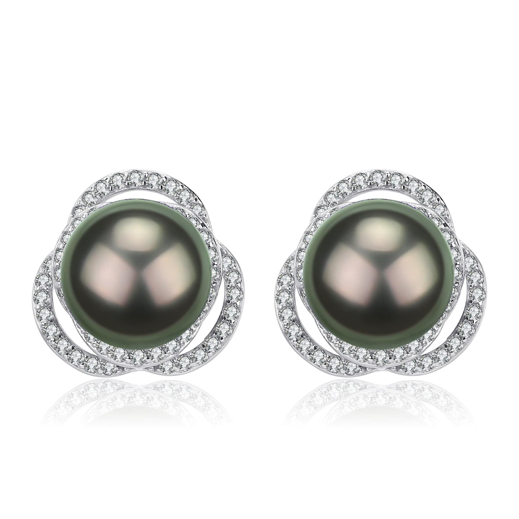 Tahitian South Sea Pearl 9-10mm & CZ Rose Earrings Sterling Silver