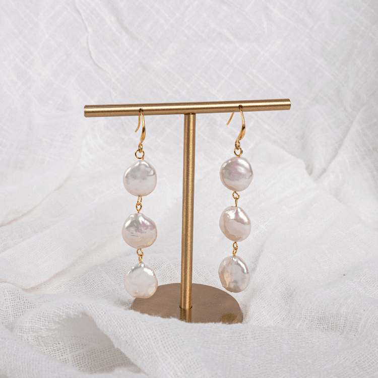 Triple Coin Pearl Drop Earrings