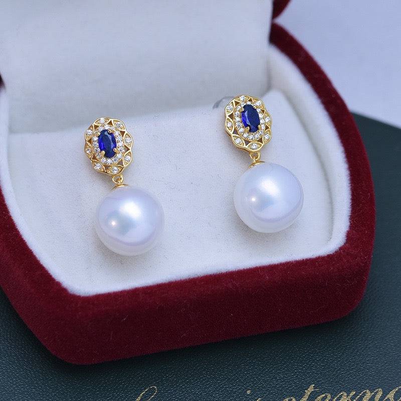 11-12mm Freshwater Pearl & Blue Gem Earrings