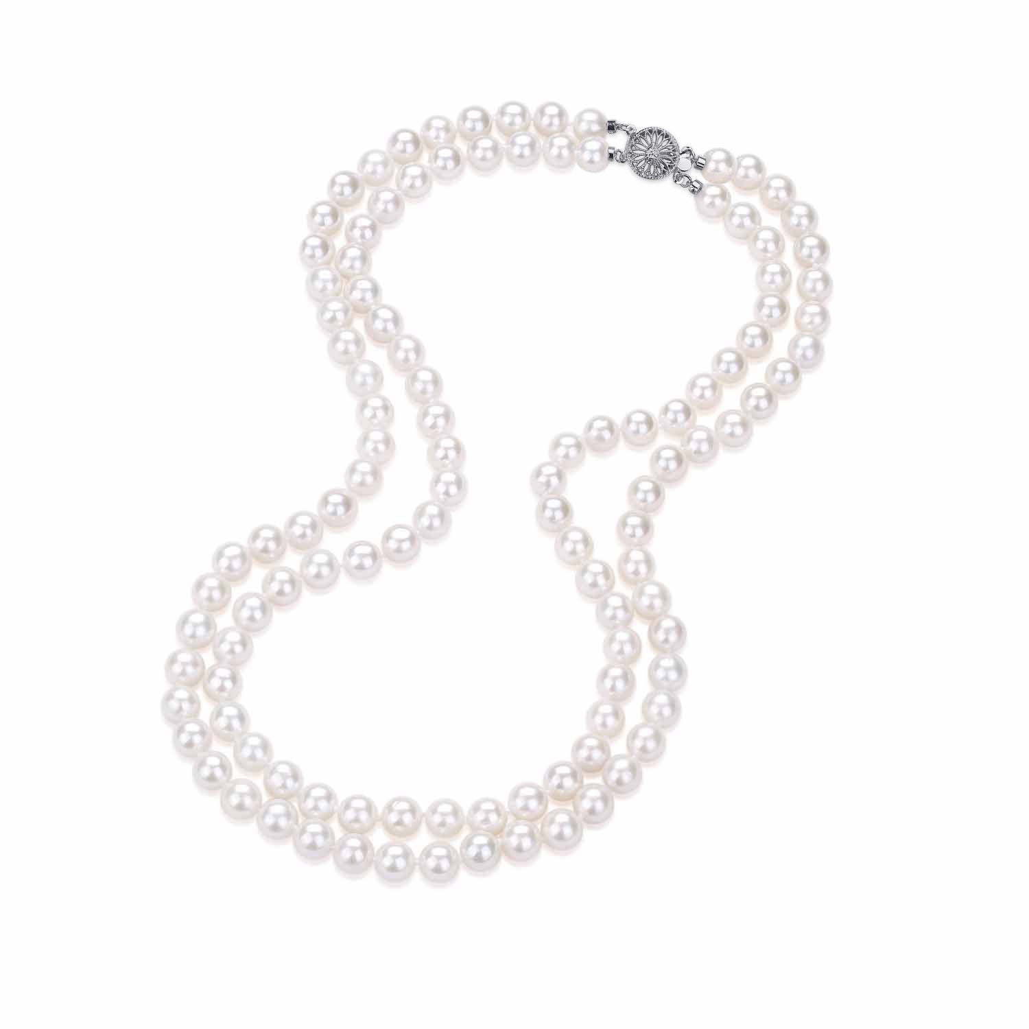 White 7.5-8.0mm Freshwater Pearl Double Strand Necklace, Silver Clasp