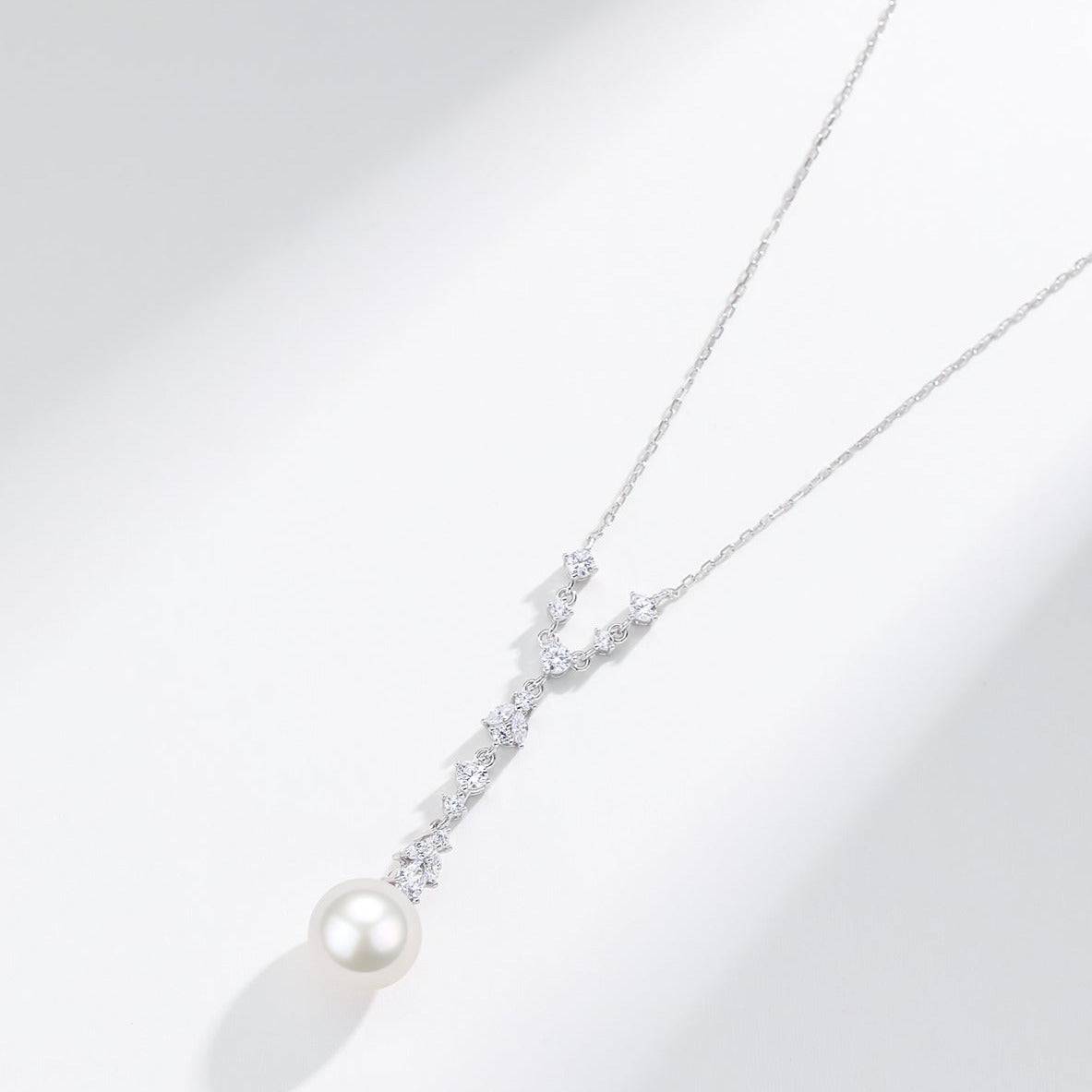 10-11mm White Freshwater Akoya Pearl & Cubic Zirconia Y-Shape Necklace