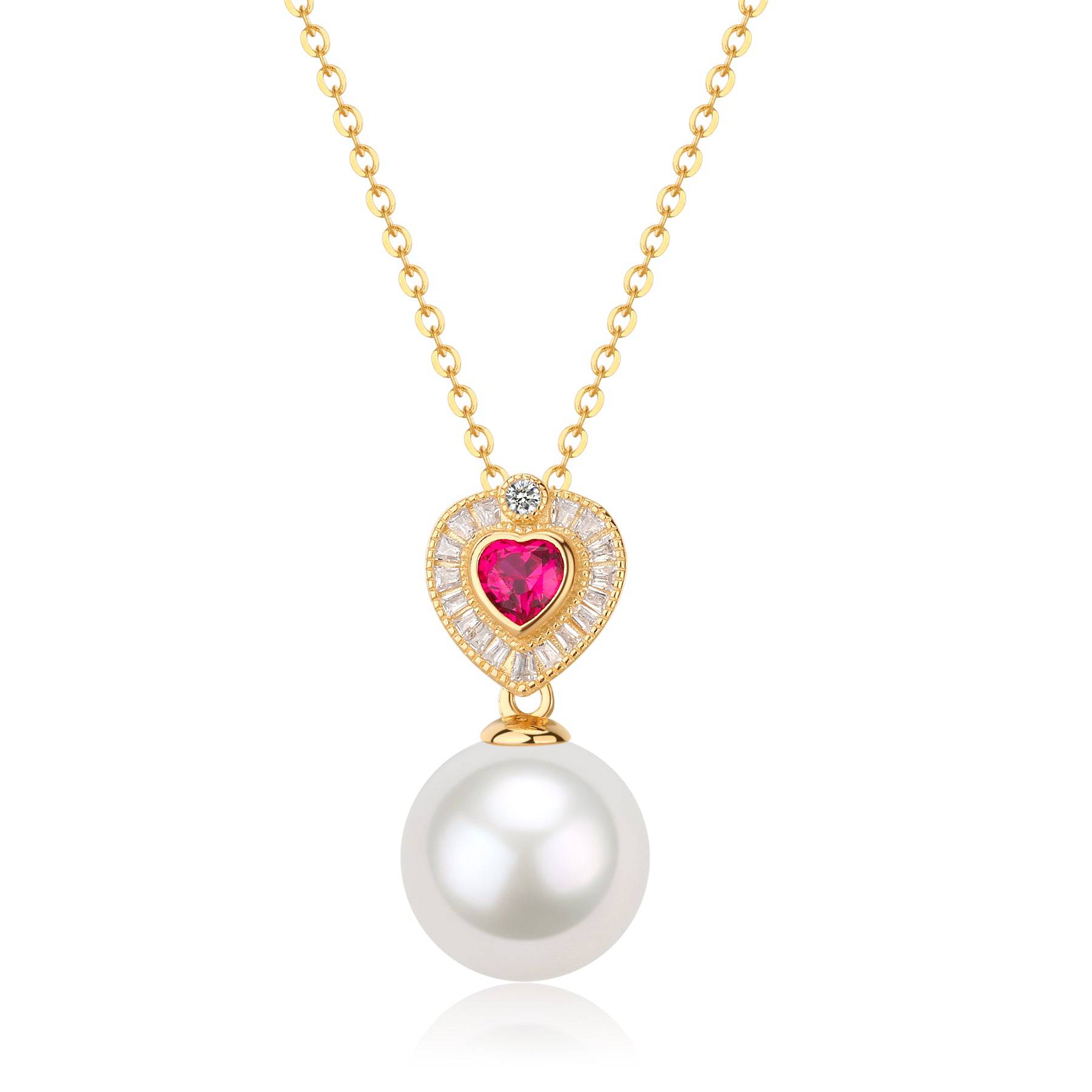 11-12mm Freshwater Pearl & Red Gem Heart Necklace