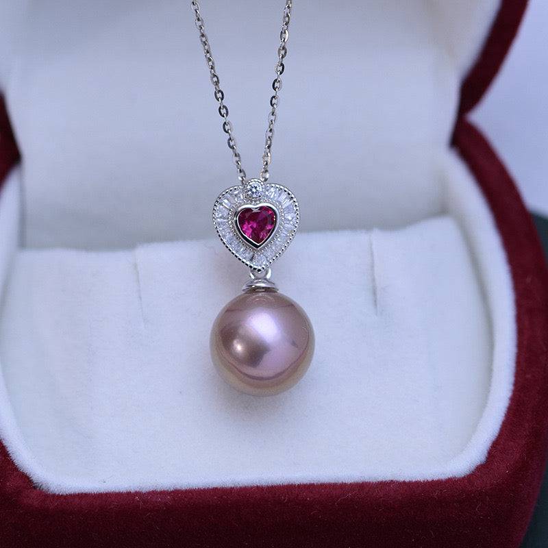 11-12mm Freshwater Pearl & Red Gem Heart Necklace