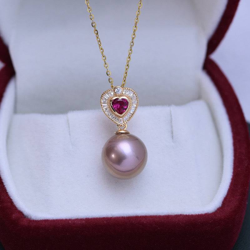 11-12mm Freshwater Pearl & Red Gem Heart Necklace