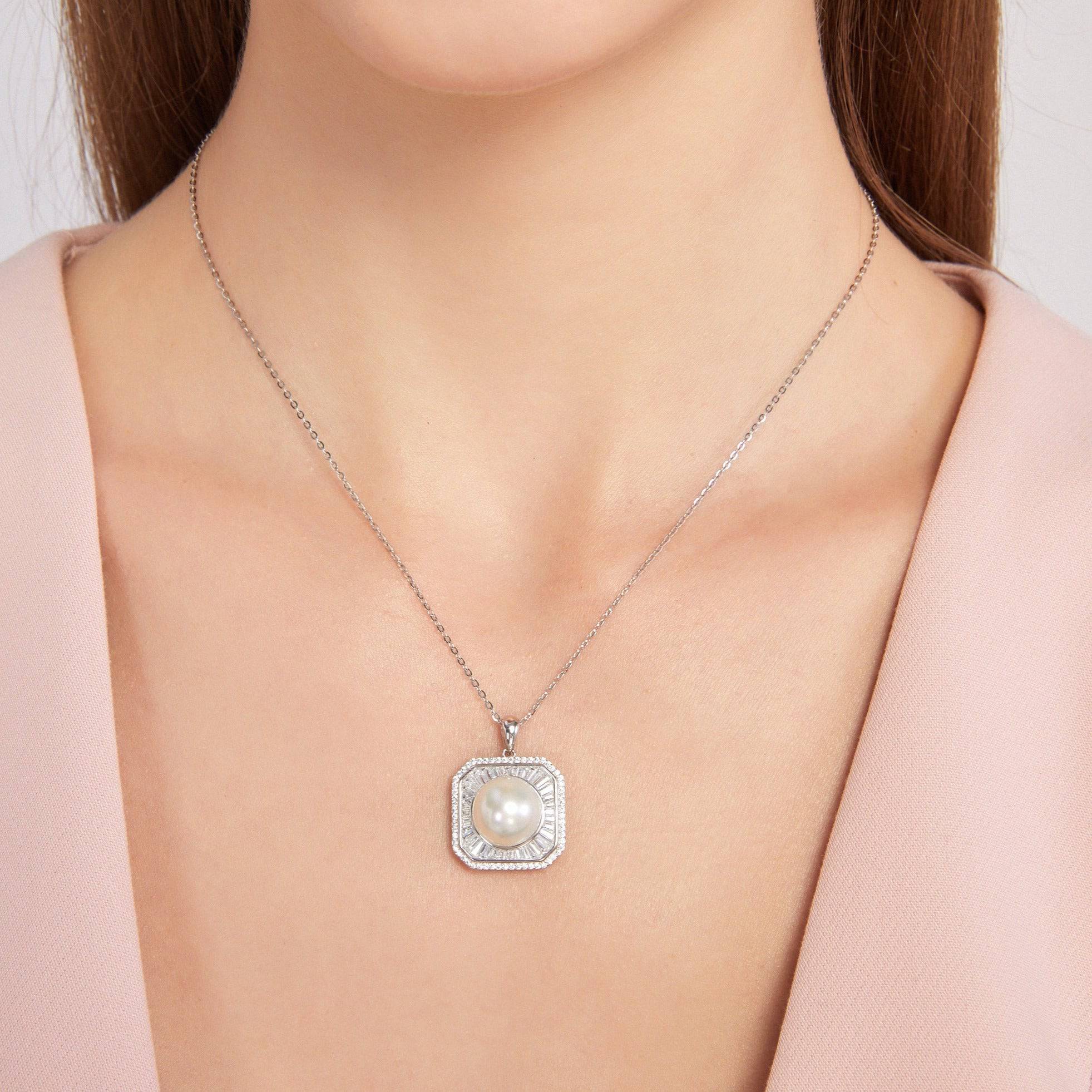 11-12mm Freshwater Pearl & Square CZ Pendant Necklace