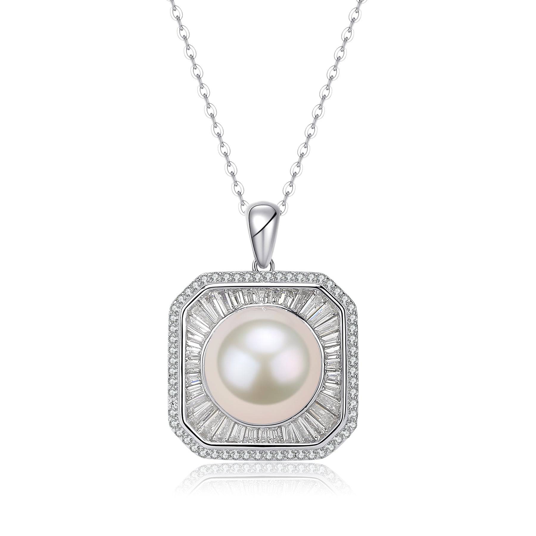 11-12mm Freshwater Pearl & Square CZ Pendant Necklace