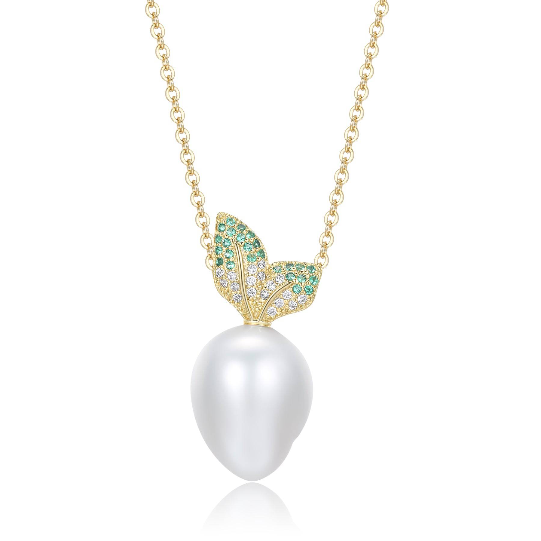 11-13mm Freshwater Baroque CZ Leaf Pendant Necklace