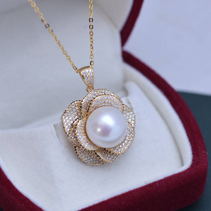 12-13mm Freshwater Pearls & Miya Floral Pendant Necklace
