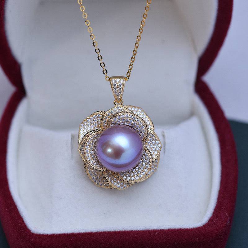 12-13mm Freshwater Pearls & Miya Floral Pendant Necklace