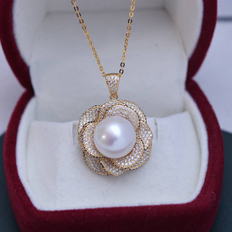12-13mm Freshwater Pearls & Miya Floral Pendant Necklace