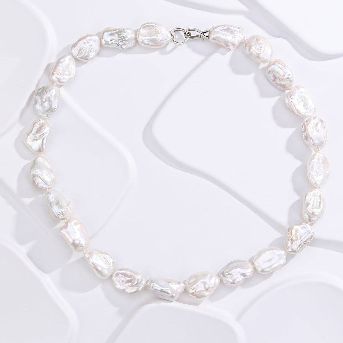 Flat Baroque Pearl Necklace with Heart-Shaped Silver Clasp