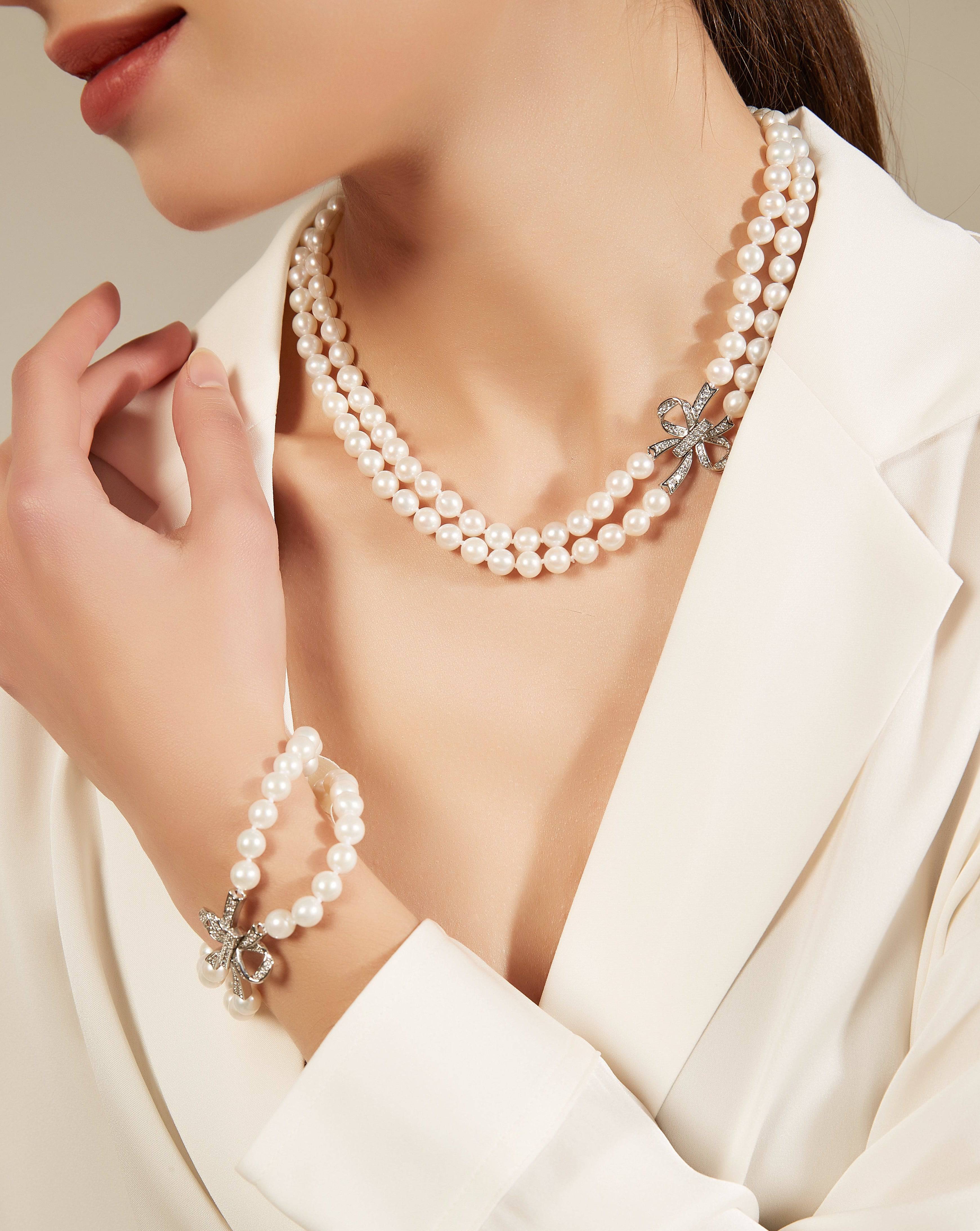 7.0-8.0mm White Freshwater Pearl Butterfly Clasp Necklace and Bracelet (Purchase individually)