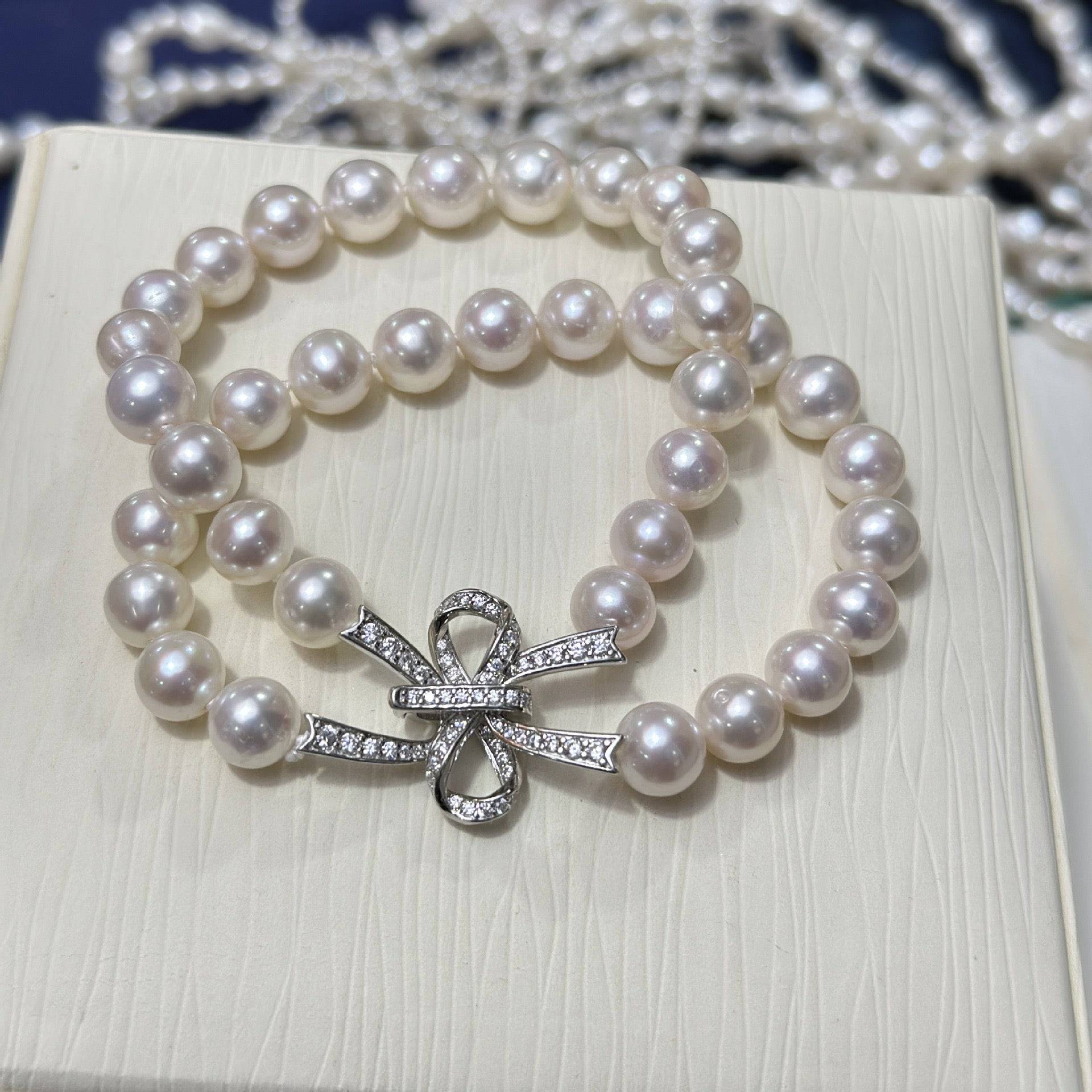 7.0-8.0mm White Freshwater Pearl Butterfly Clasp Necklace and Bracelet (Purchase individually)