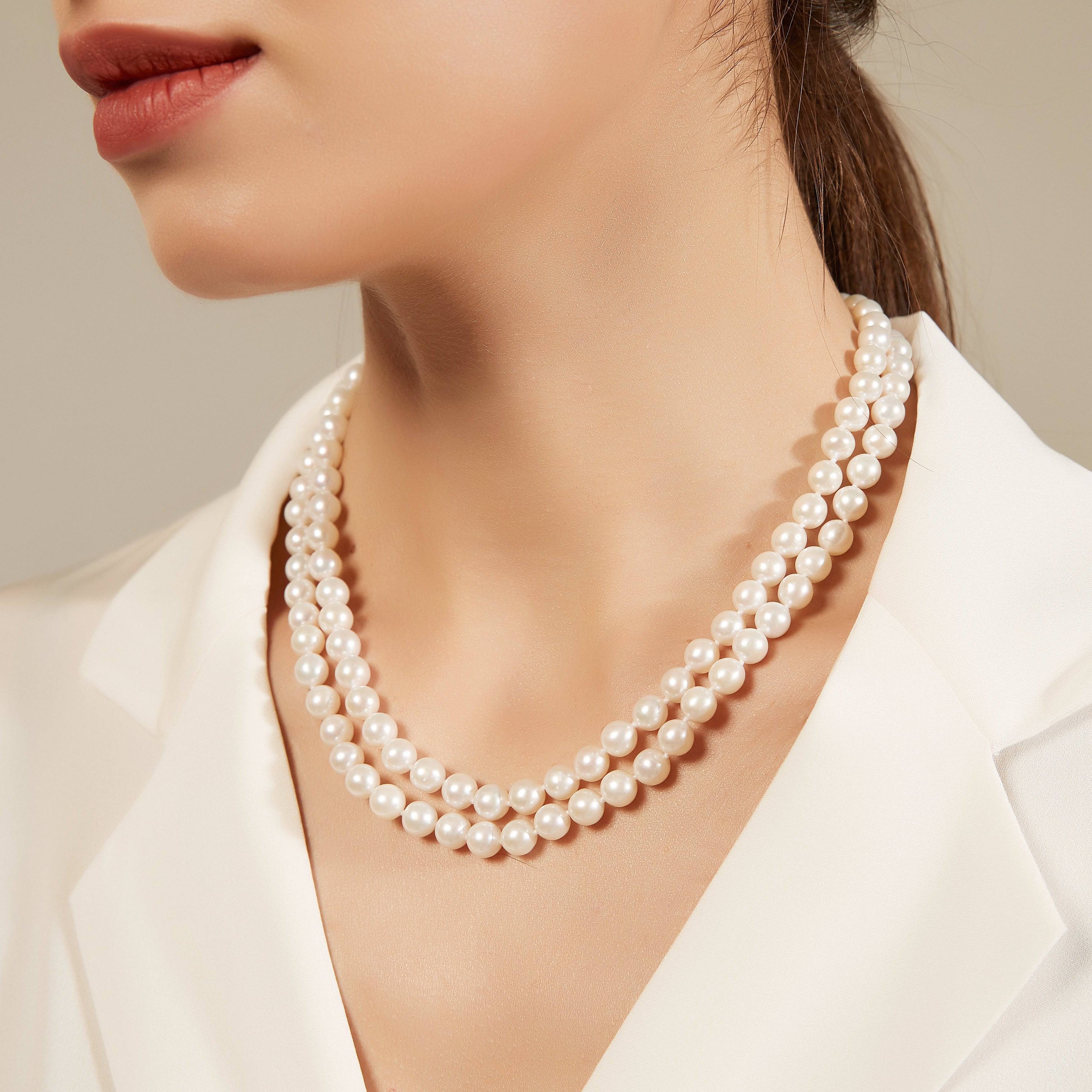 7.5-8.0mm White Freshwater Double Strand Pearl Necklace