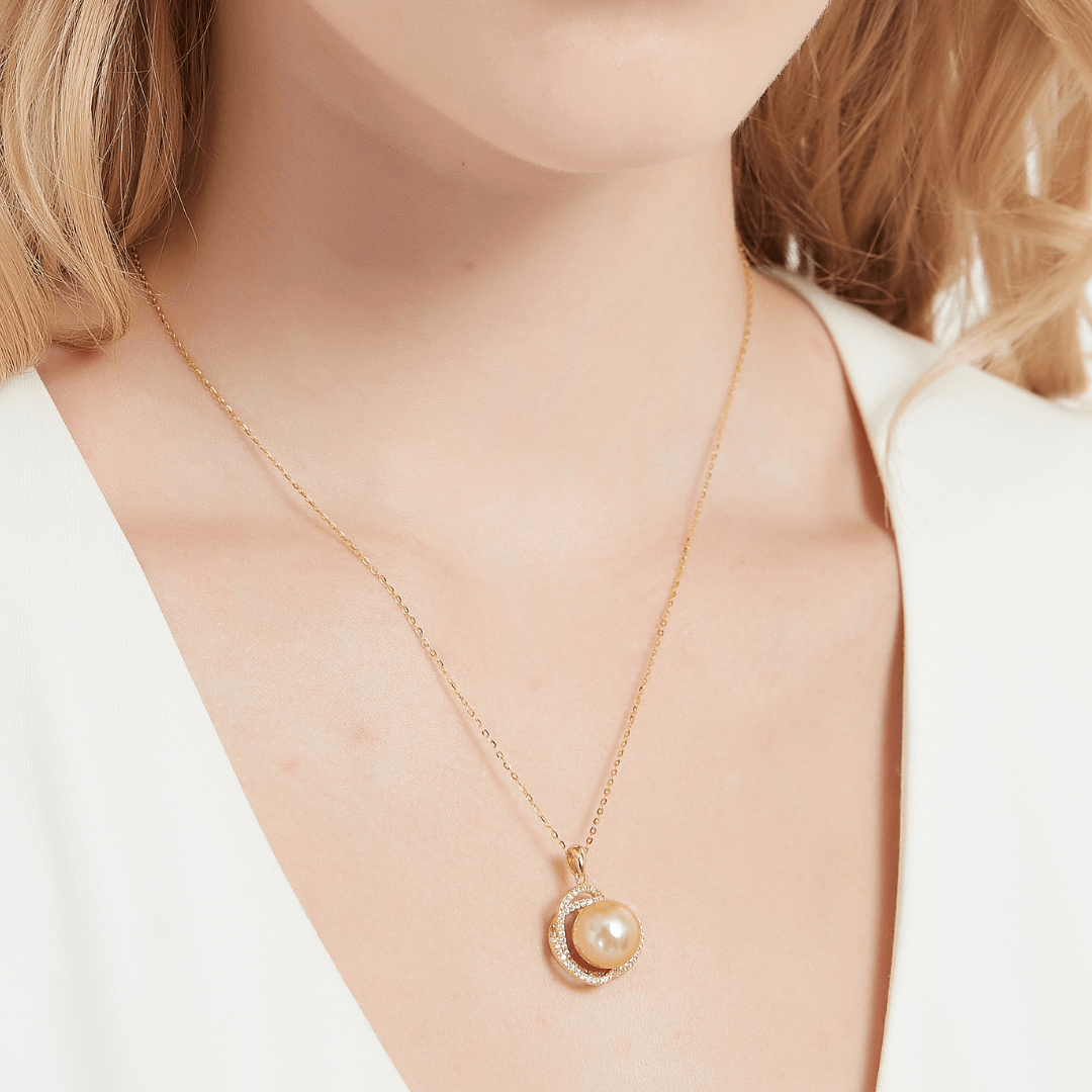 Golden South Sea Pearl 11.0-12.0mm & CZ Rose Pendant Necklace