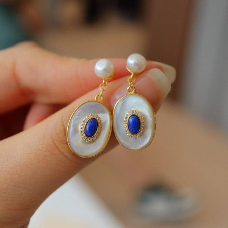 Blue Lapis Lazuli Mother of Pearls Pendant Necklace Earrings( Purchase Individually)