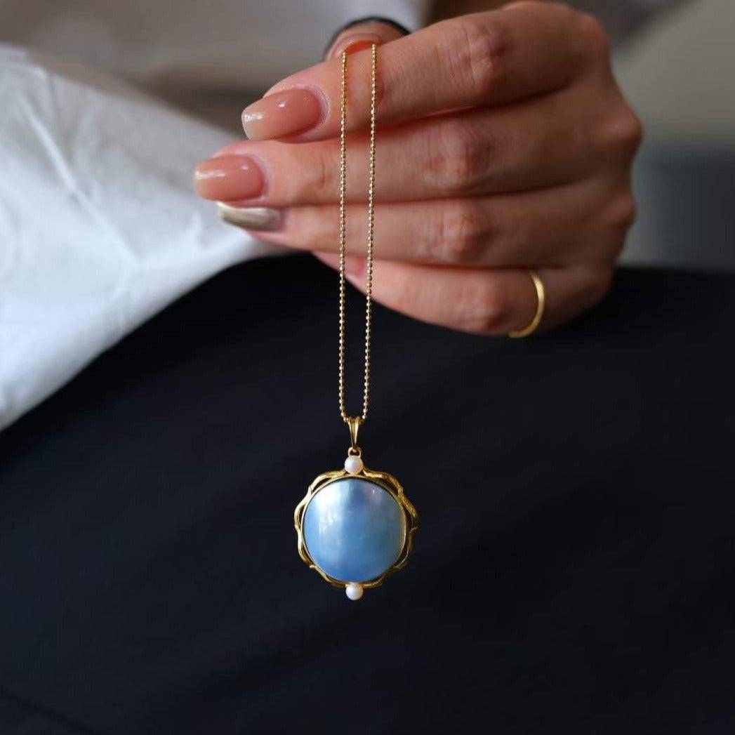 Blue Mabe Round Pendant Necklace Gold Vermeil