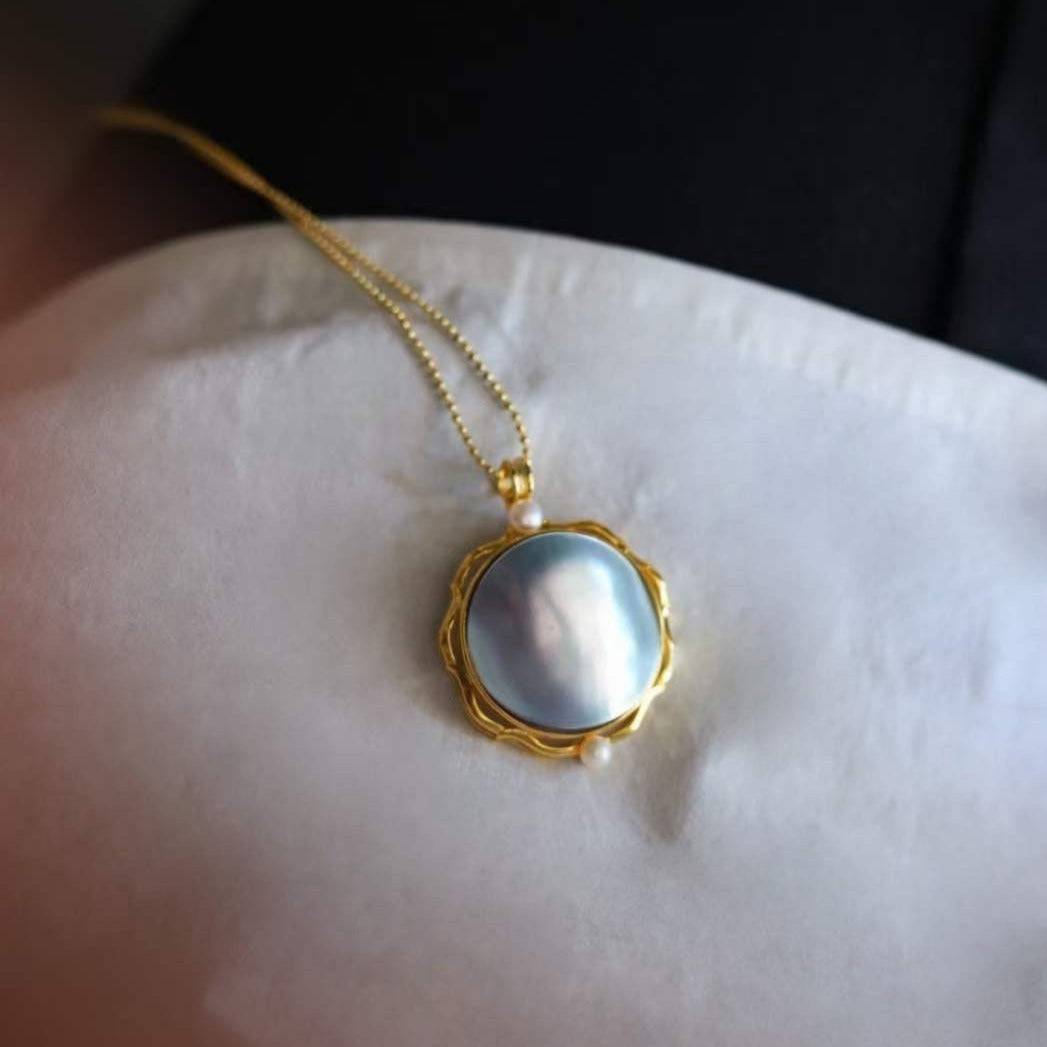 Blue Mabe Round Pendant Necklace Gold Vermeil