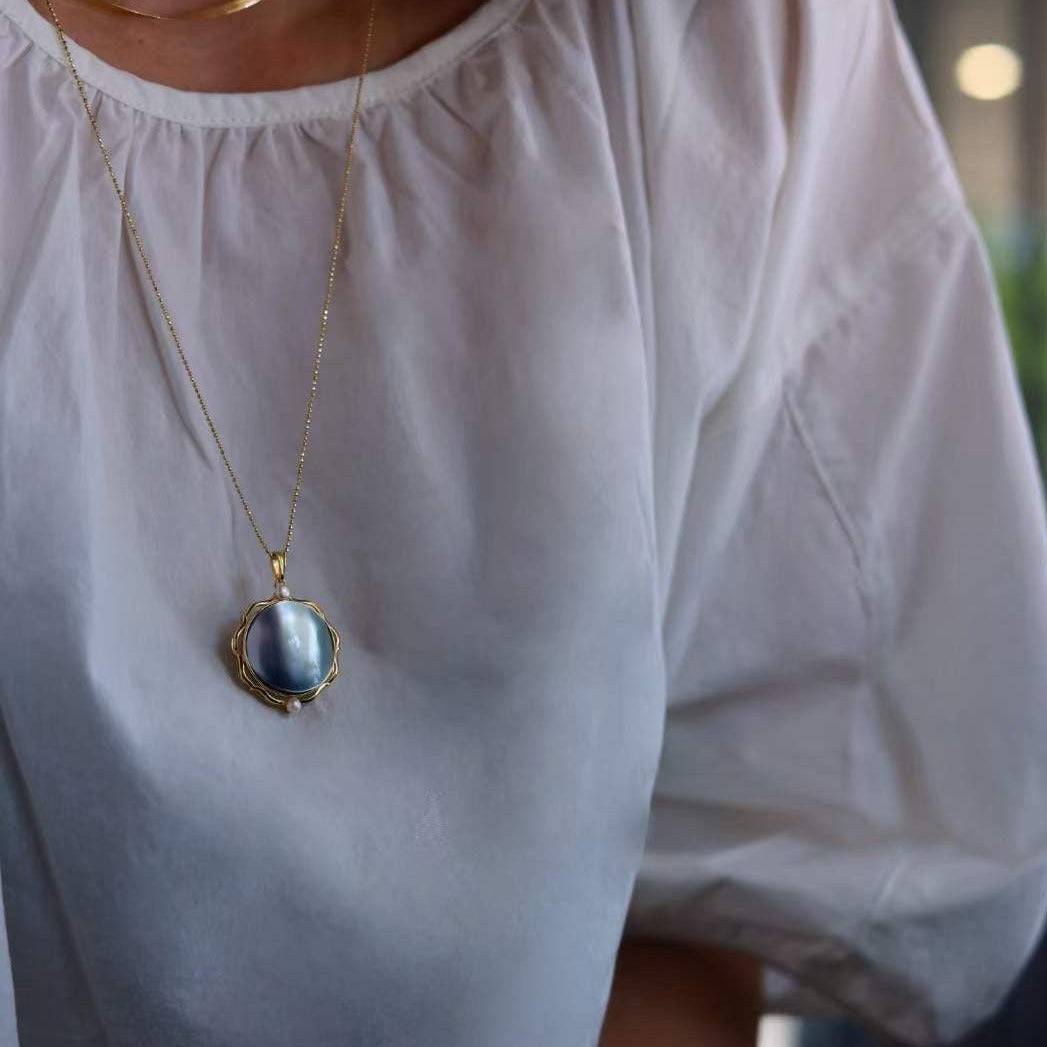 Blue Mabe Round Pendant Necklace Gold Vermeil