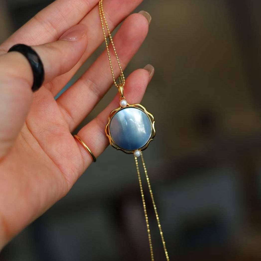 Blue Mabe Round Pendant Necklace Gold Vermeil