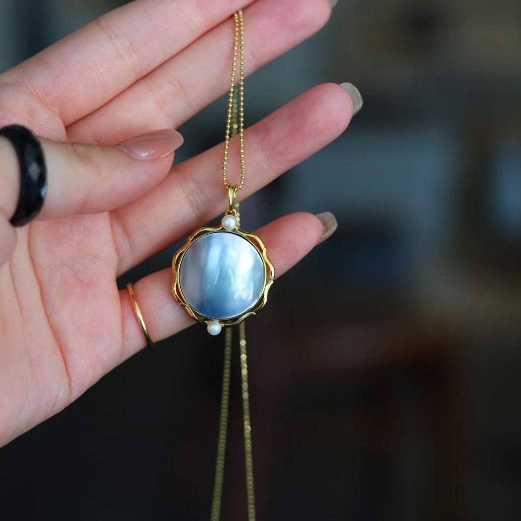 Blue Mabe Round Pendant Necklace Gold Vermeil