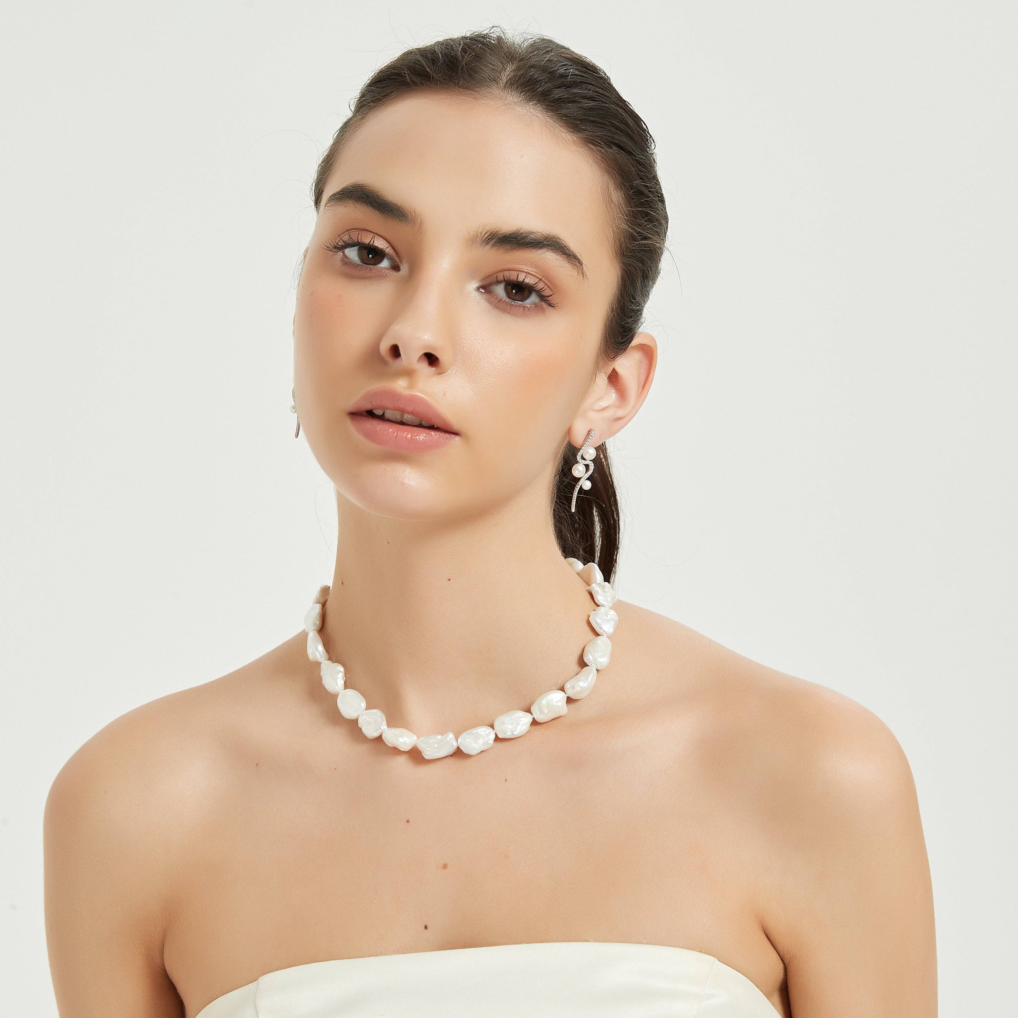 Flat Baroque Pearl Necklace with Heart-Shaped Silver Clasp