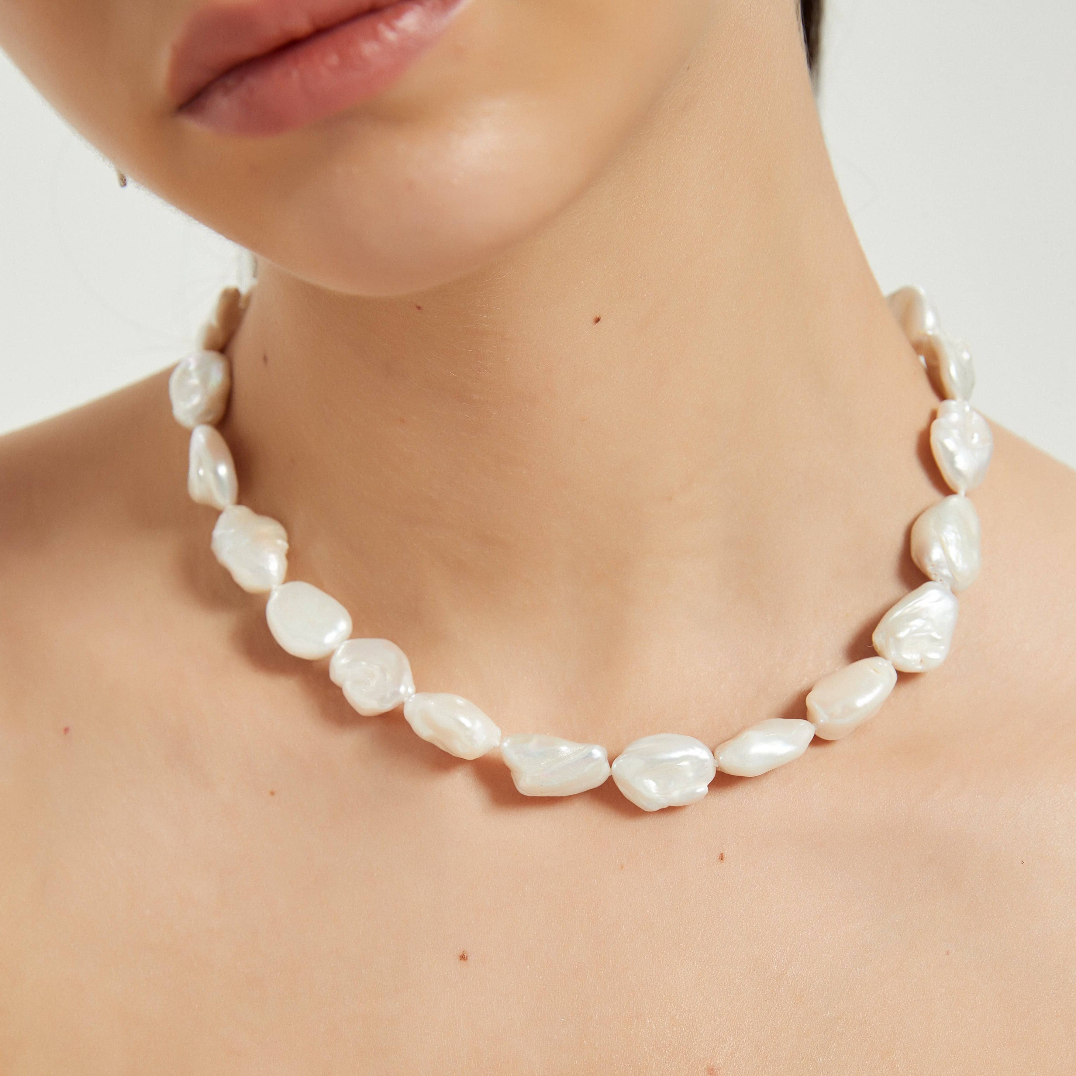 Flat Baroque Pearl Necklace with Heart-Shaped Silver Clasp