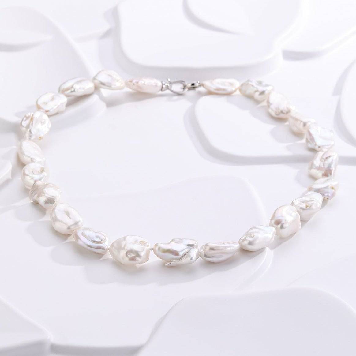 Flat Baroque Pearl Necklace with Heart-Shaped Silver Clasp