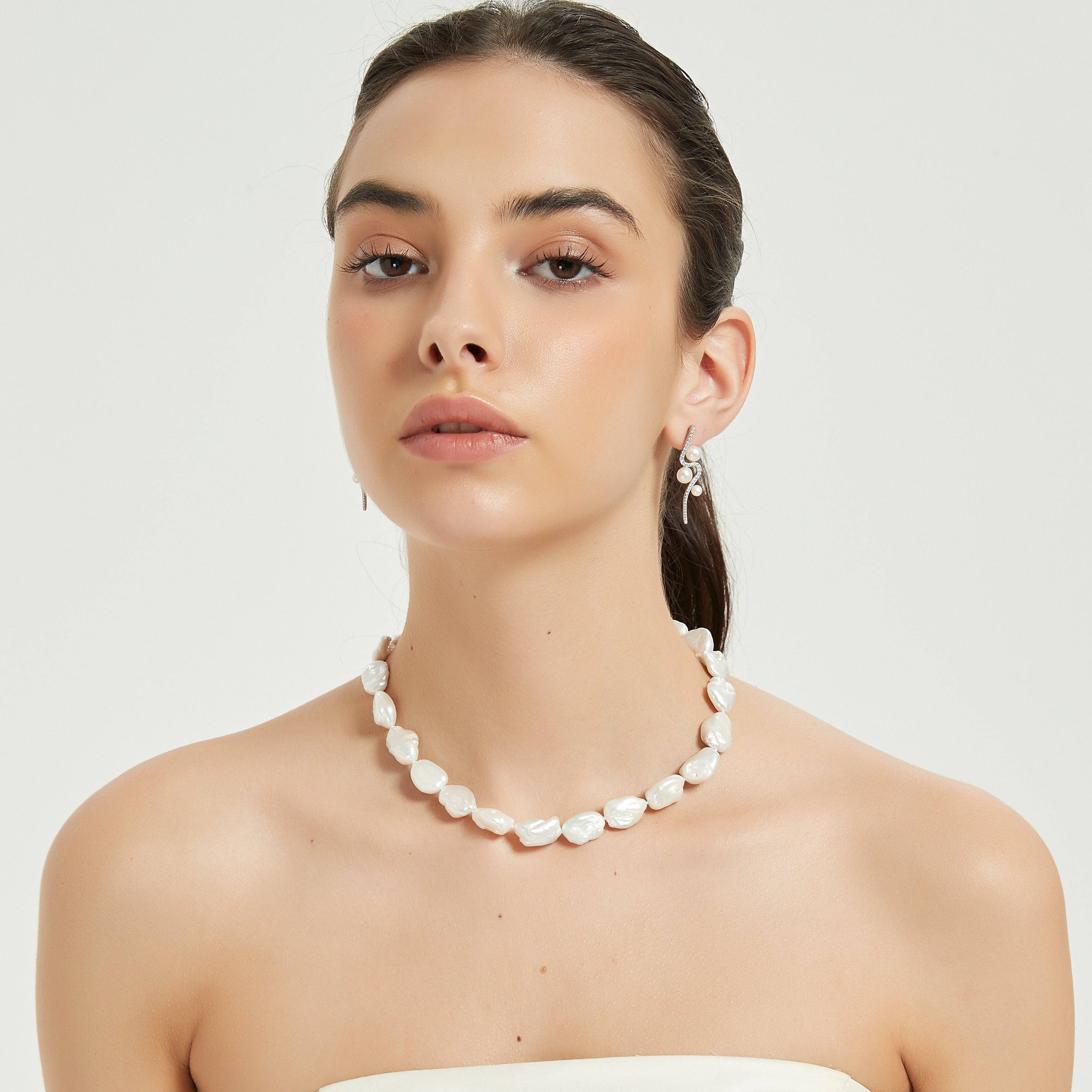 Flat Baroque Pearl Necklace with Heart-Shaped Silver Clasp