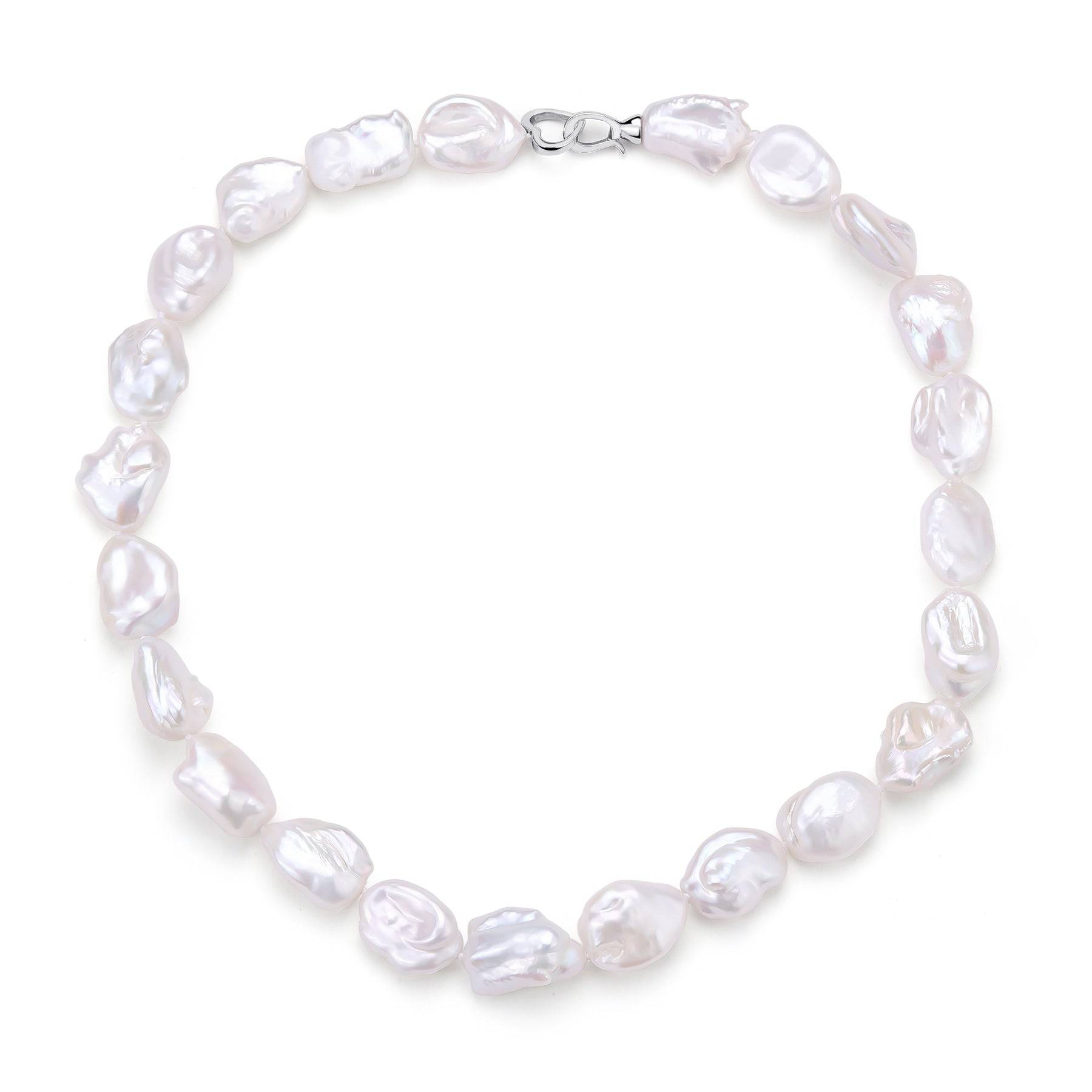Flat Baroque Pearl Necklace with Heart-Shaped Silver Clasp