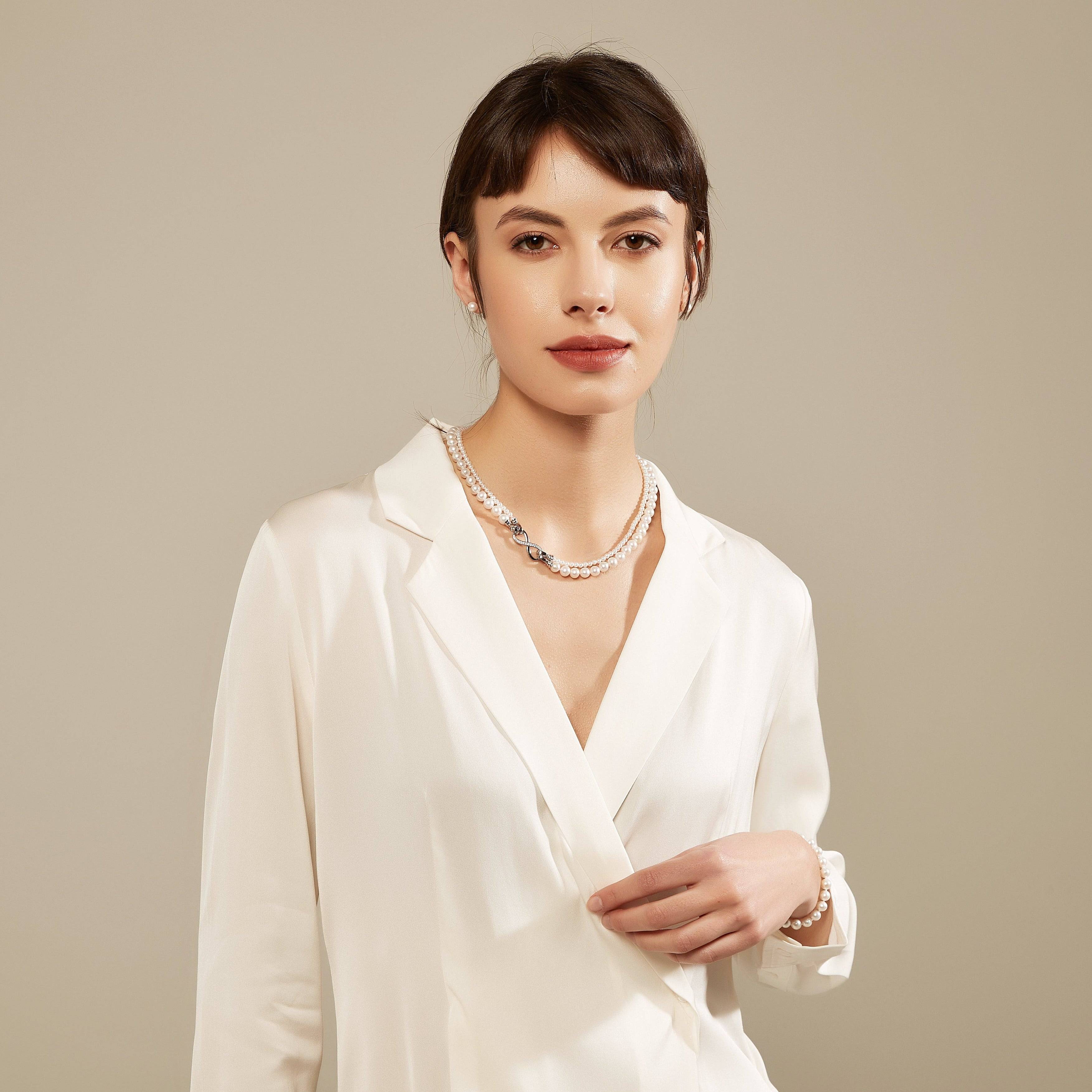 Dual Strand Two Size White Freshwater Flower Clasp Necklace