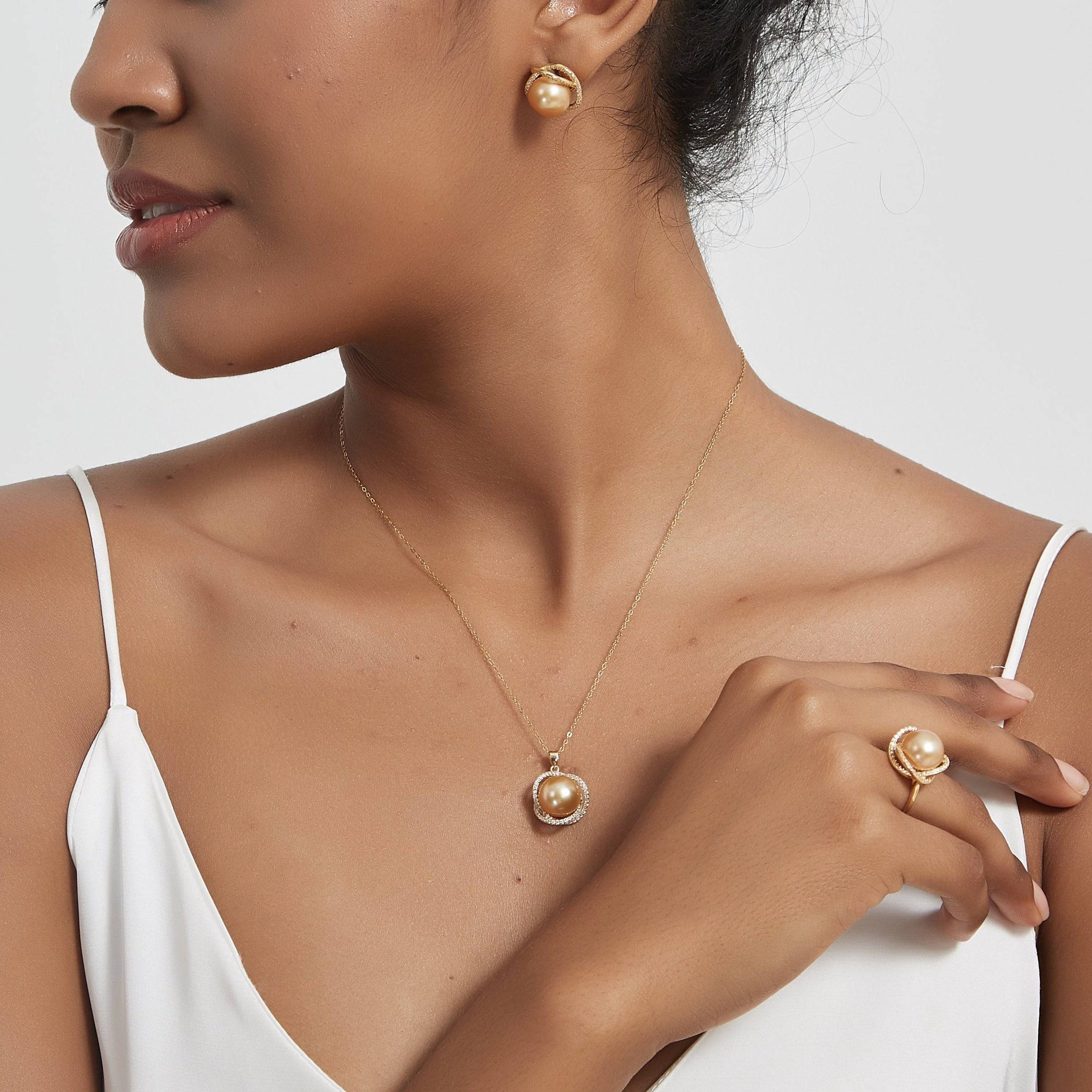 Golden South Sea Pearl 11.0-12.0mm & CZ Rose Pendant Necklace