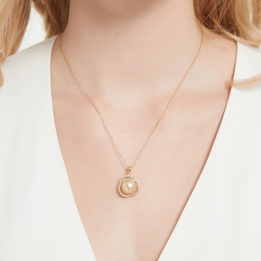 Golden South Sea Pearl 11.0-12.0mm & CZ Rose Pendant Necklace