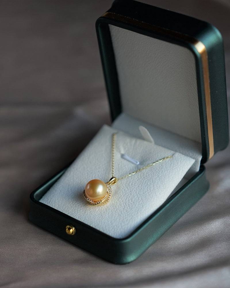Golden South Sea Pearl 11.0-12.0mm & CZ Rose Pendant Necklace